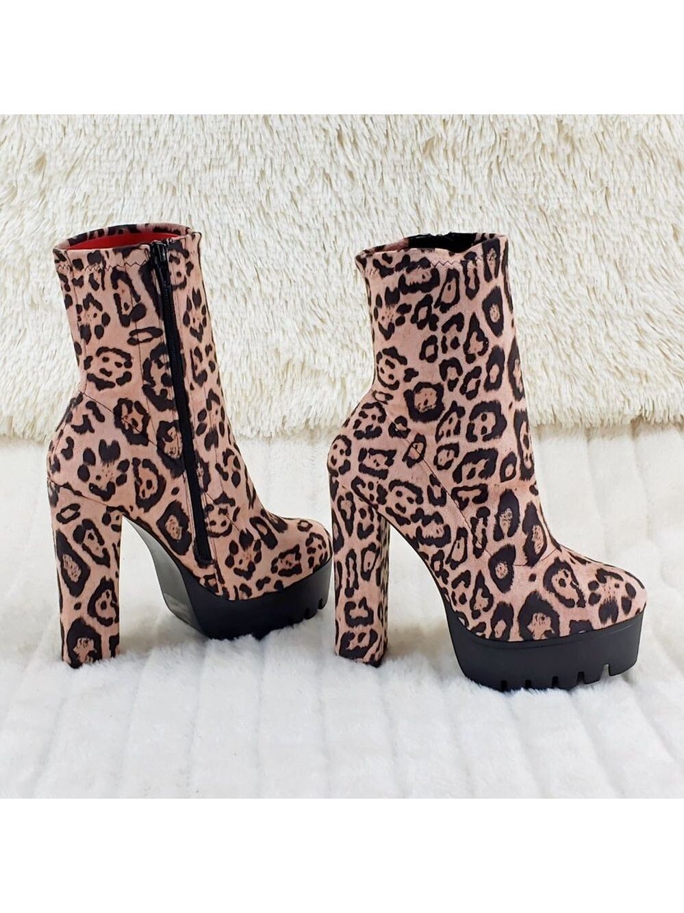 Sexy Erin Stretch Leopard Print 6" Chunky Heel Platform Lug Sole Ankle Boots - Picture 4 of 11